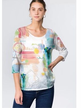 Et Lois White Abstract Watercolor 3/4 Sleeve Women's Top